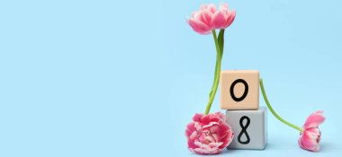 Takvim ve açık mavi zemin üzerinde güzel laleler ve metin için yer. Uluslararası Kadınlar Günü