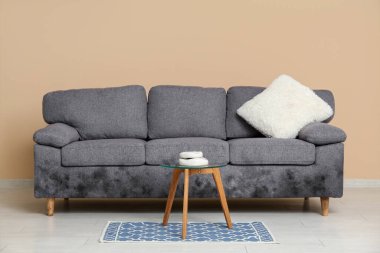 Odanın içinde küf olan gri kanepe.