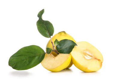 Beyaz arkaplanda yeşil dalı olan taze ayvalar