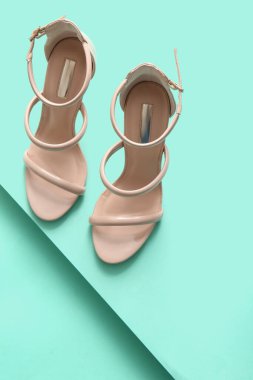 Pair of stylish high-heeled shoes on color background
