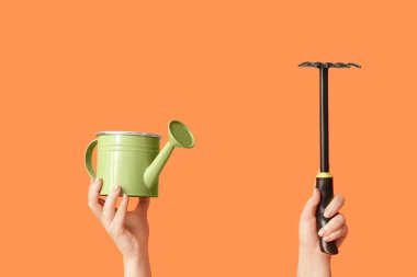 Renkli arka planda tırmık ve sulama tenekesi olan kadın eller, yakın plan