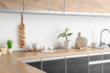 Mutfaktaki mutfak tezgahında saksılar var.