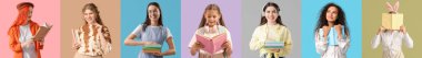 Set of different people with books on color background