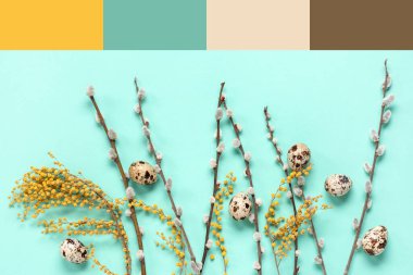 Pussy willow branches with Easter eggs and mimosa flowers on turquoise background. Different color patterns