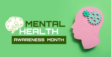 Yeşil arka planda vitesleri olan kağıt insan kafası. Akıl Sağlığı Farkındalığı Ayı Afişi