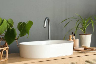 Lavabolu ahşap çekmeceler, ev bitkileri ve banyo malzemeleri. Banyodaki gri duvarın yanında.