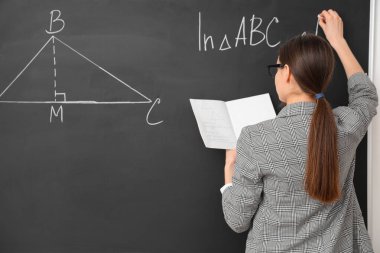 Sınıfta yazı tahtasının yanındaki genç bayan matematik öğretmeni.