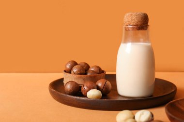 Kahverengi fındıklı bir şişe taze Macadamia sütü ve kase.