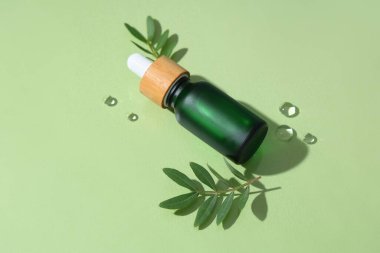 Renk arkaplanına bir şişe gerekli yağ, bitki yaprakları ve su damlaları