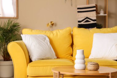 Oturma odasında sepetli vazo, yakın plan.