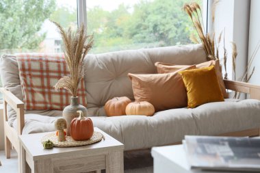 İçinde otlar ve sonbahar dekoru olan vazo oturma odasının iç tarafında.