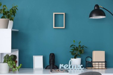 Ofisteki mavi duvarın yanındaki masada dekoru olan bitkiler