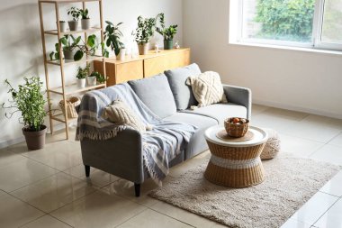 Oturma odasının içinde kanepe, masa ve bitkiler var.