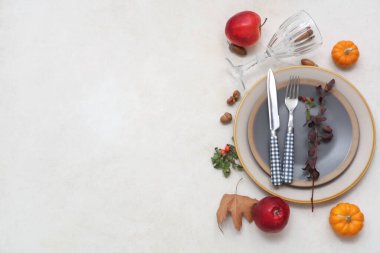 Taze balkabakları, elmalar, meşe palamutları ve beyaz arka planda gül böğürtlenleri ile güzel bir masa.