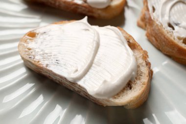 Tabakta işlenmiş peynirli lezzetli bruschetta, yakın plan.