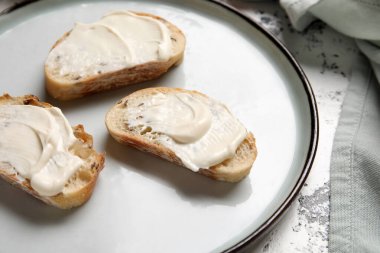 Bir tabak lezzetli bruschetta ve arkaplanda işlenmiş peynir, yakın plan.