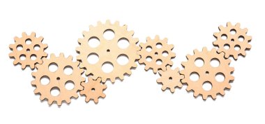 Beyaz arkaplanda ahşap dişliler