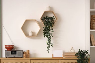 Oturma odasında mumları ve klozet üzerine kitapları olan radyo alıcısı.