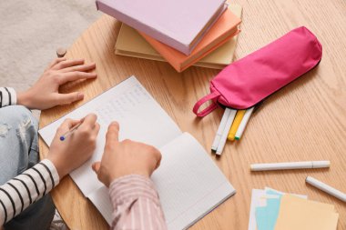 Genç kız evde öğretmeniyle Matematik okuyor, yakın plan.