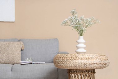 Oturma odasındaki rahat kanepenin yanındaki sehpanın üzerinde çingene çiçekleri olan vazo.