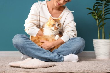 Mavi duvarın yanında oturan sevimli kedisi ve terlikleri olan güzel bir kadın.