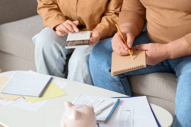 Yaşlı çift evdeki kanepenin faturalarını hesaplıyor.