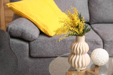Mimoza çiçekli vazo ve dekor oturma odasında, yakın plan.