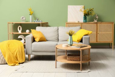 Kanepe ve vazolarda mimoza çiçekleri olan oturma odasının içinde.