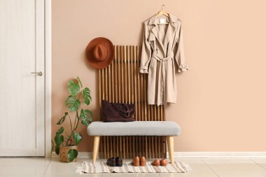 Katlanan ekran, ev bitkisi ve bank modern koridorun içindeki bej duvarın yanında.