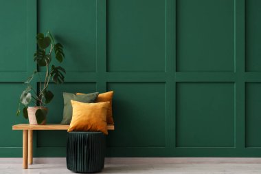 Dekoratif yastıklı ahşap bank, palmiye ağacı ve oda yeşil duvarın yanında puf.