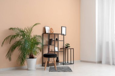 İçinde raf ünitesi, palmiye ağacı ve puf olan oturma odası.