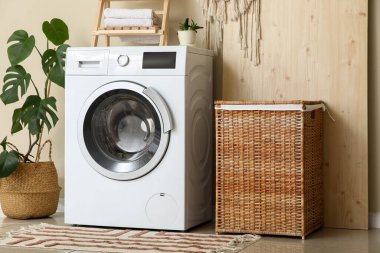 Çamaşır makinesi, kirli çamaşırlı sepet ve çamaşır odasında Monstera bitkisi.