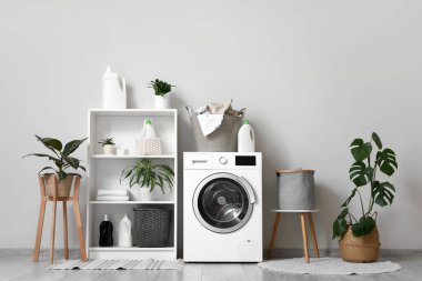 Çamaşır makinesi, çamaşır sepeti ve banyo içi bitkiler.