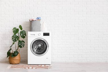 Modern çamaşır makinesi, çamaşır sepeti ve banyoda Monstera bitkisi.