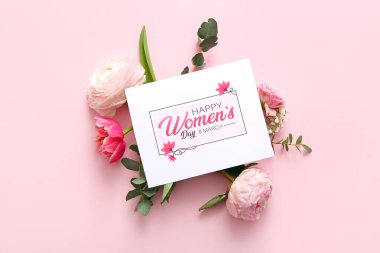 Greeting card with beautiful flowers and eucalyptus branches on pink background. International Women's Day celebration clipart