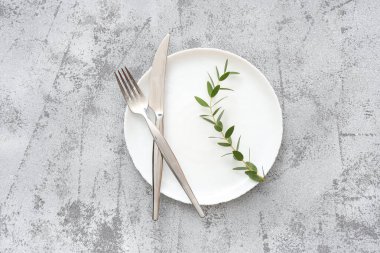 Gri grunge arkaplan üzerinde tabak, çatal bıçak ve bitki dalı ile şık masa ayarları