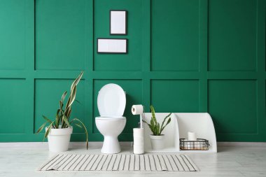 Tuvaletin içinde klozet, çerçeve ve bitkiler var.