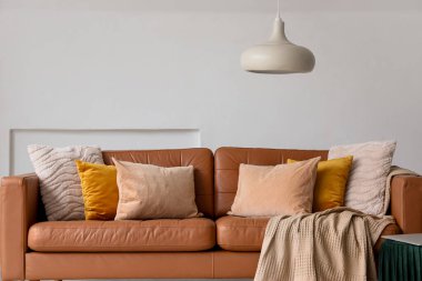 Oturma odasındaki kahverengi deri koltuklu farklı yastıklar.