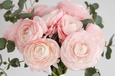 Beyaz arka planda bir buket güzel ranunculus çiçeği, yakın plan.