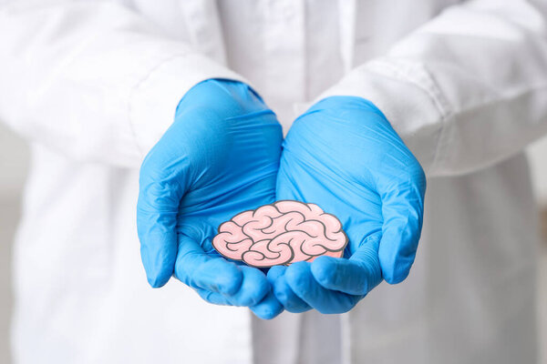 Женщина-врач с бумажным мозгом в клинике, крупный план. Концепция рака мозга