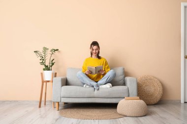 genç kadın kanepe oturma odasında kitap okuma