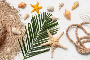 Deniz kabuklu yaz şapkası, deniz yıldızı ve beyaz arka planda palmiye yaprağı.