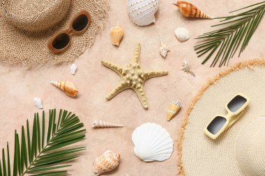 Deniz kabuklu plaj aksesuarları ve bej grunge arka planda palmiye yaprakları.