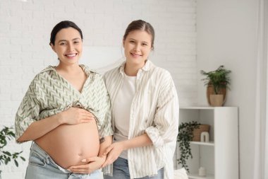 Evde gülümseyen hamile bir kadınla genç doula.