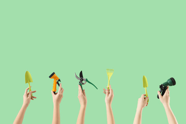 Руки женщины с садовыми инструментами на зеленом фоне