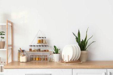 Mutfaktaki ışık duvarının yanında farklı baharat, tabak ve bitkilerle dolu raflar.