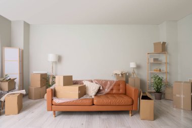 Taşındığı gün içinde film ve karton kutular olan kahverengi kanepe