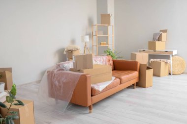 Taşındığı gün içinde film ve karton kutular olan kahverengi kanepe