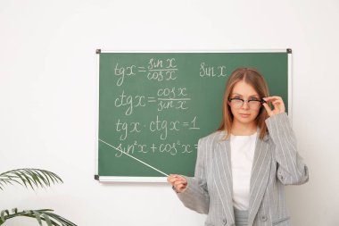 Sınıfta tahtaya işaret eden genç matematik öğretmeni.