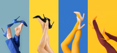 Arka planda yüksek topuklu kadın bacakları.